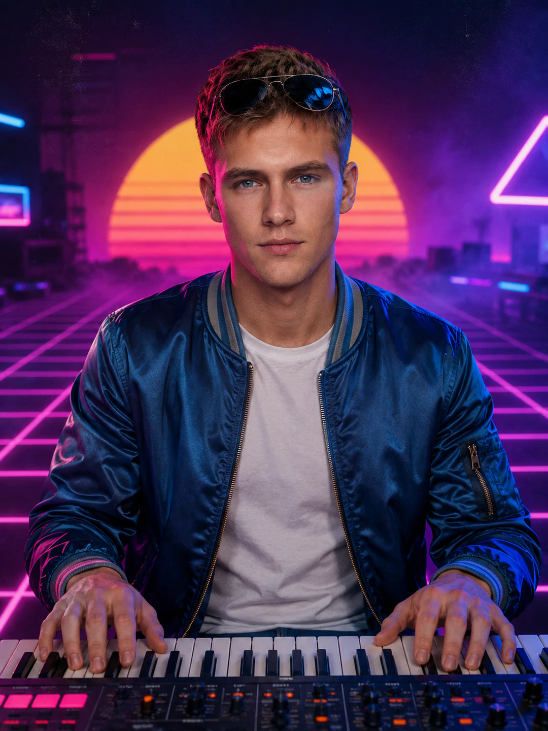 Фото в стиле synthwave: парень в атласном бомбере играет на синтезаторе на фоне неоновой сетки и ретро-заката