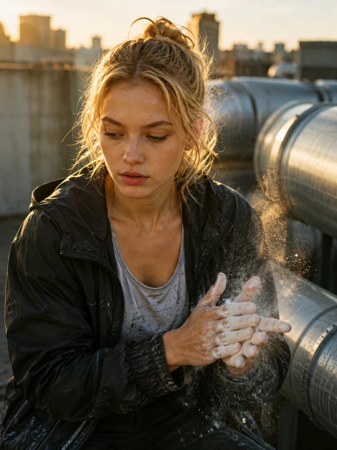Паркурист наносит магнезию перед трюком на крыше города