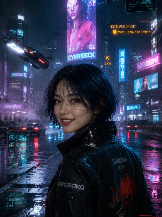 Фото в стиле Cyberpunk 2077, стиль «Cyberpunk 2077: Найт-Сити» — Неоновый дождь, голограммы, HUD-сканер
