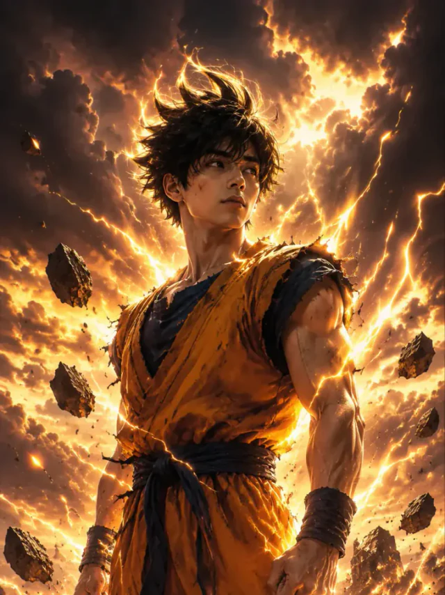 Образ Сон Гоку в стиле Драгонболла, стиль «Super Saiyan» — Золотая аура, молнии, парящие обломки скал