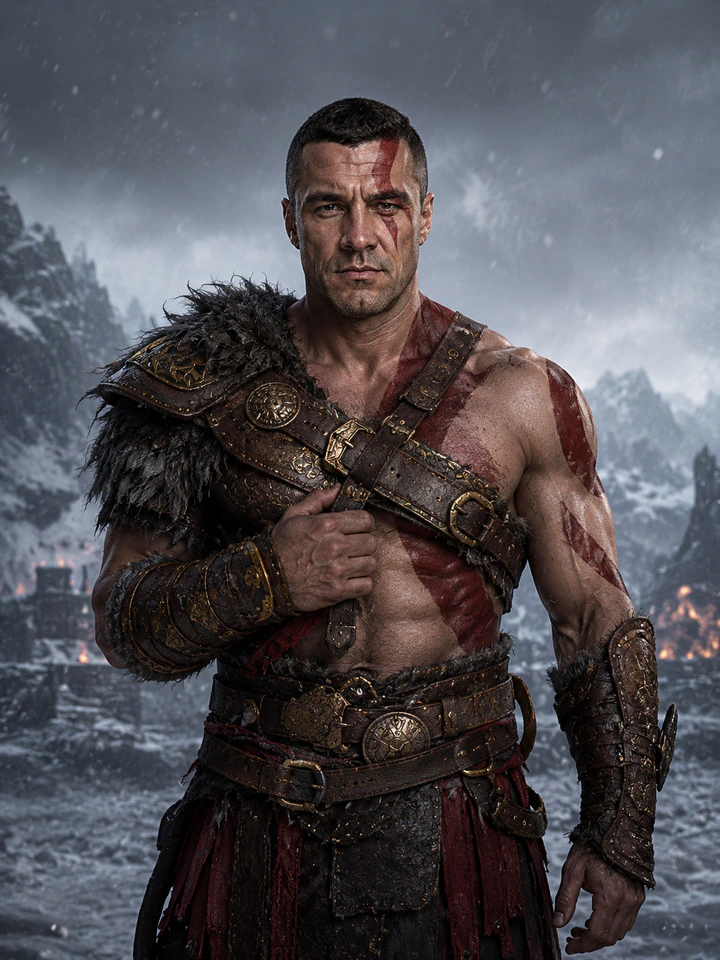 Нейрофотосессия в стиле «God of War: Воин»: пепельные татуировки, снег, северный воин