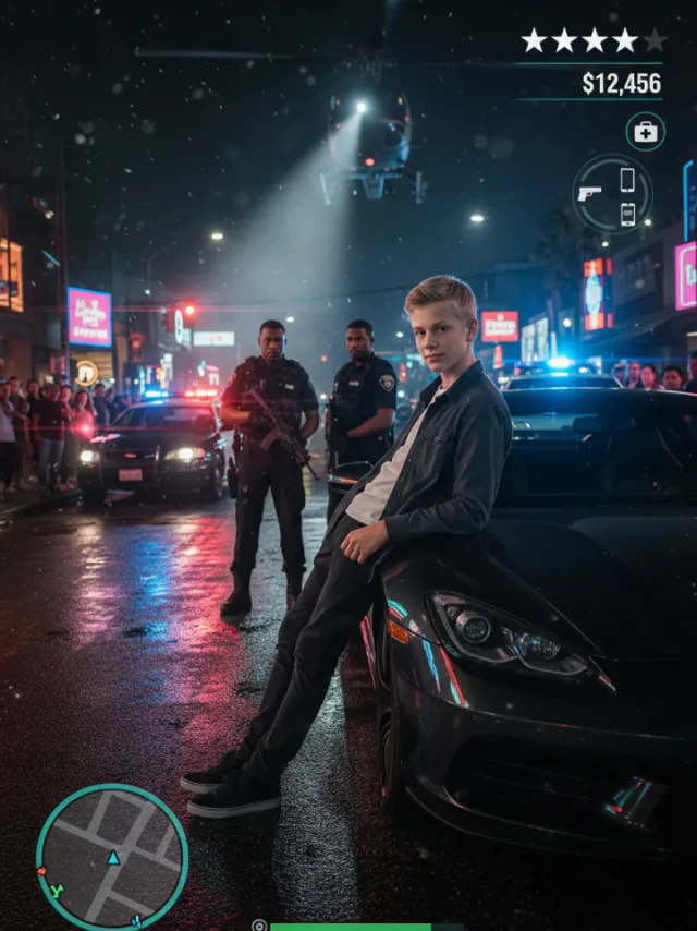 Фото в стиле Vice City из GTA, стиль «GTA VI: Арест» — Неон, мокрый асфальт, пять звёзд розыска