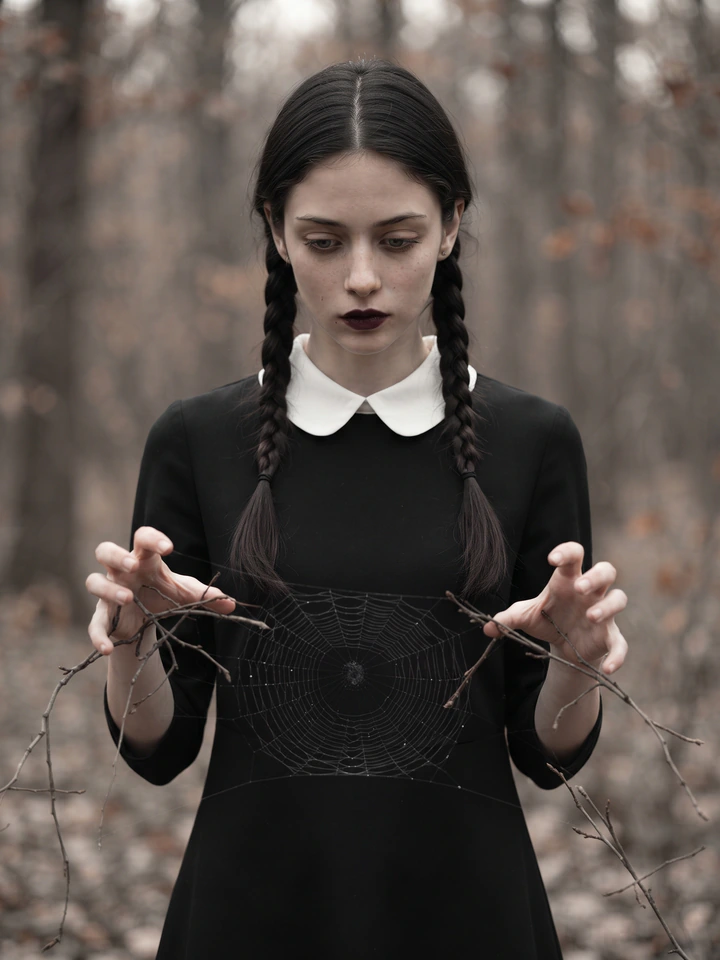 Нейрофотосессия в стиле «Паутина в руках»: косы, белый воротник, паутина в опущенных руках
