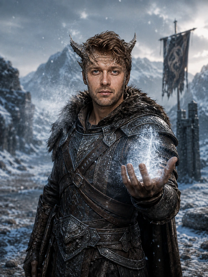 Нейрофотосессия в стиле «Skyrim: Довакин»: северная броня, иней, горный перевал