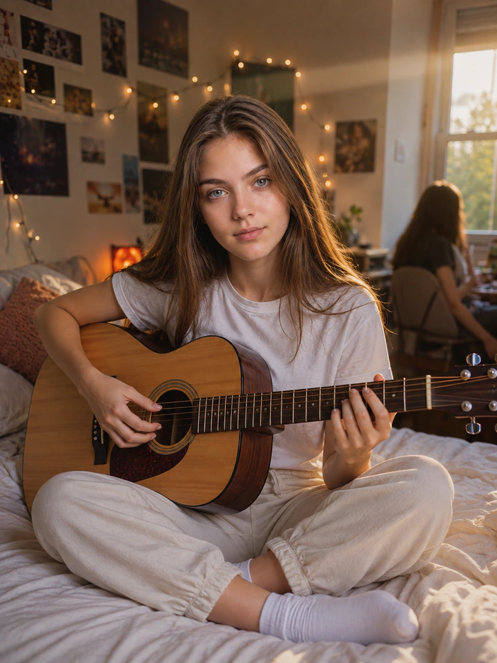 Нейрофотосессия в стиле «Гитара в комнате»: Постеры, гирлянда, bedroom-pop